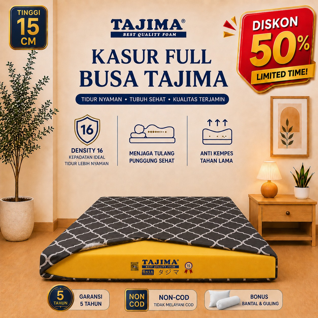 Kasur Busa Tajima Density 23 Ukuran 200x145x40 CM Garansi 15 Tahun Anti Kempes