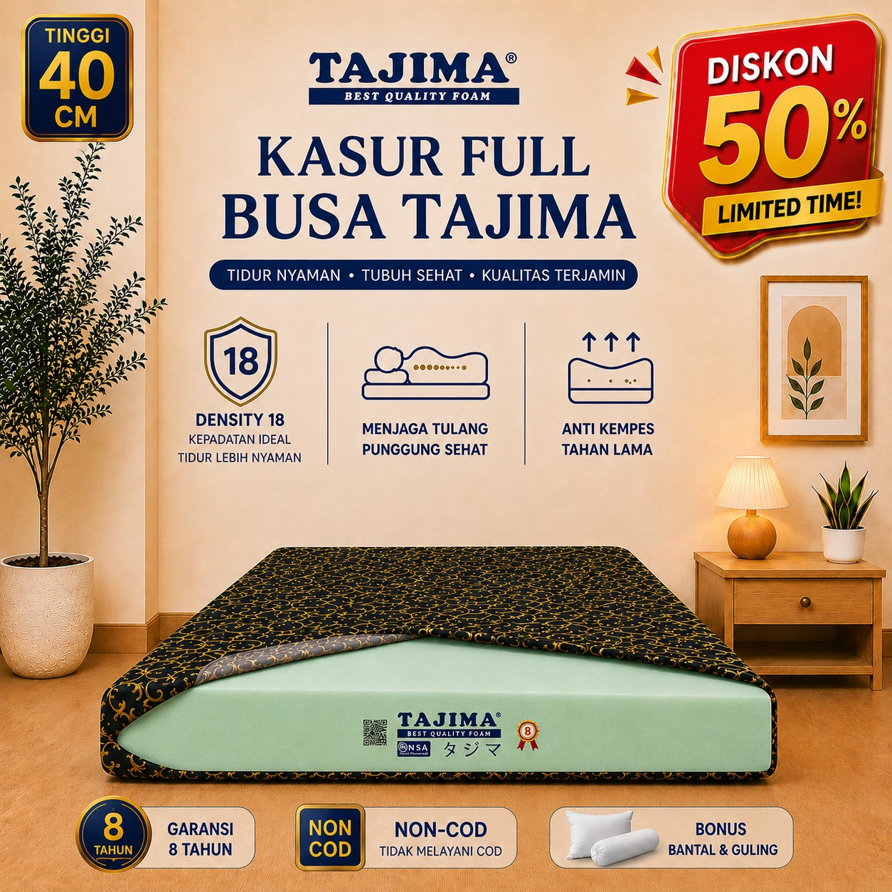 Kasur Busa Tajima Density 23 Ukuran 200x160x40 CM Garansi 15 Tahun Anti Kempes