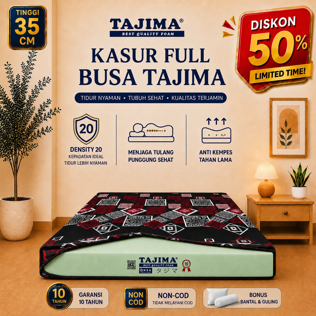 Kasur Busa Tajima Density 23 Ukuran 200x180x40 CM Kasur Anti Kempes Garansi 15 Tahun