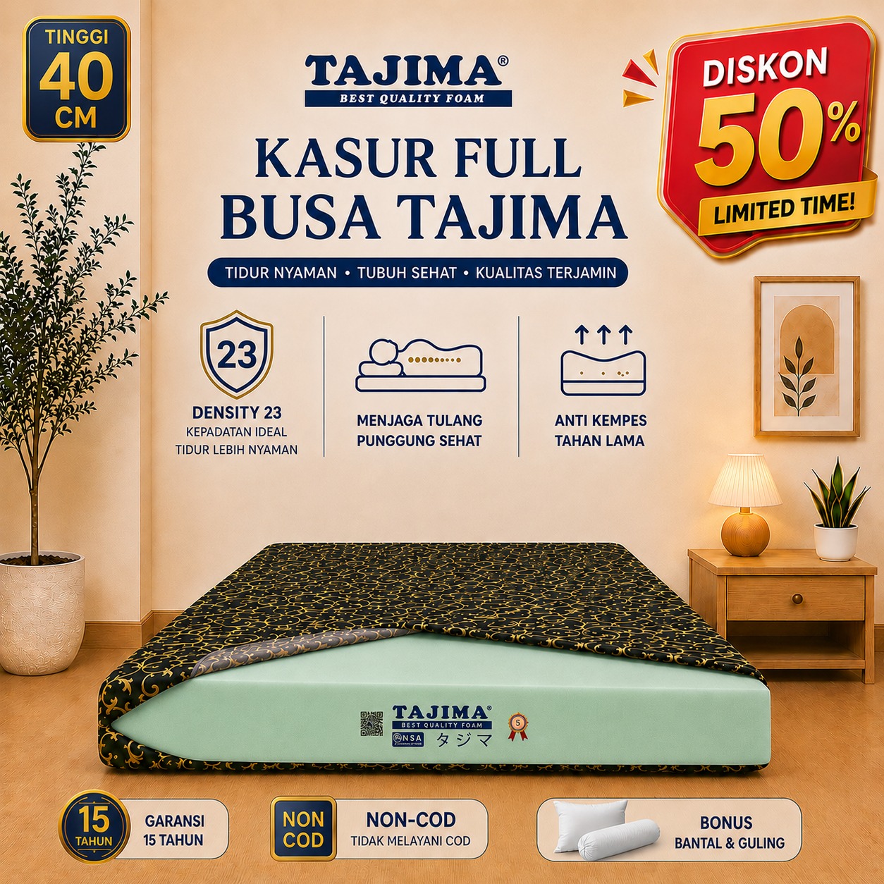 Kasur Busa Tajima Density 23 Ukuran 200x200x40 CM Garansi 15 Tahun Anti Kempes