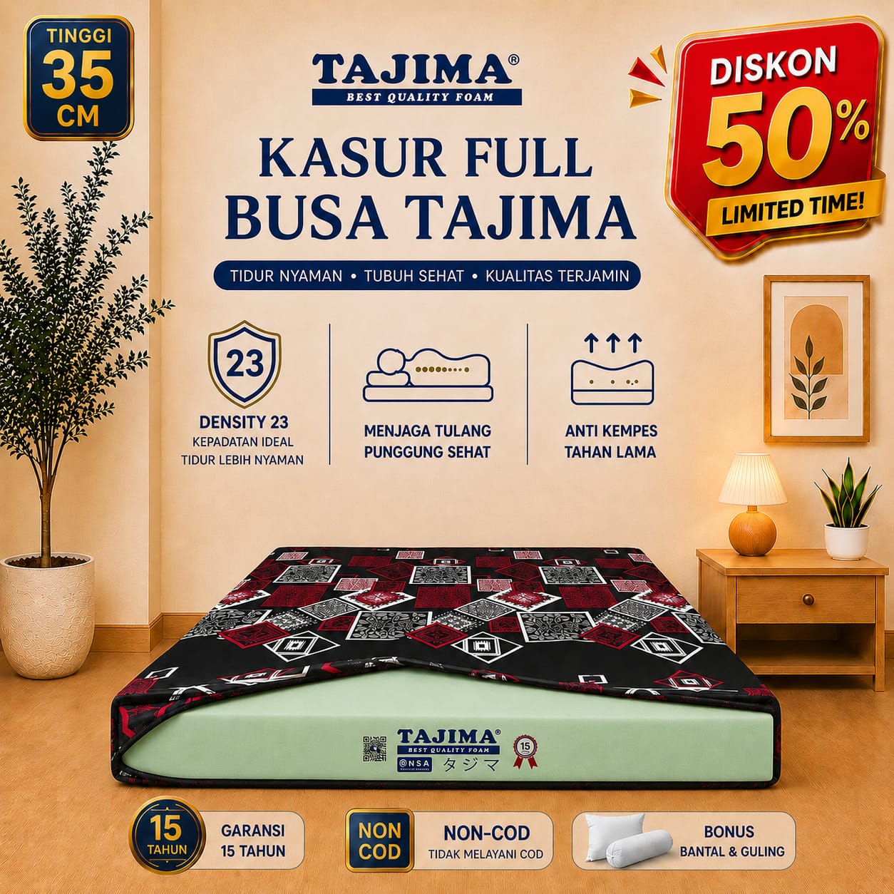 Kasur Busa Tajima Density 23 Ukuran 200x100x35 CM Garansi 15 Tahun Anti Kempes