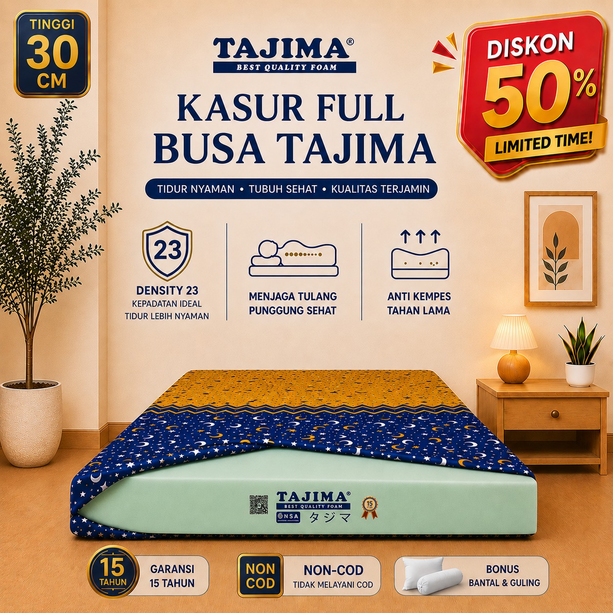 Kasur Busa Tajima Density 23 Ukuran 200x160x30 CM Garansi 15 Tahun Anti Kempes