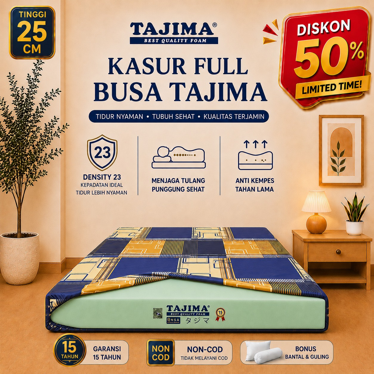 Kasur Busa Tajima Density 23 Ukuran 200x145x25 CM Garansi 15 Tahun Anti Kempes