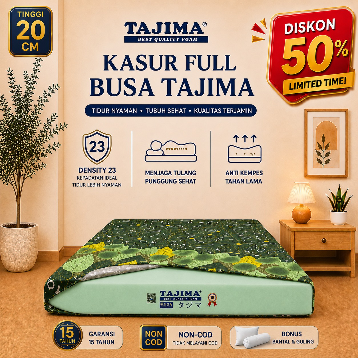 Kasur Busa Tajima Density 23 Ukuran 200x160x20 CM Garansi 15 Tahun Anti Kempes